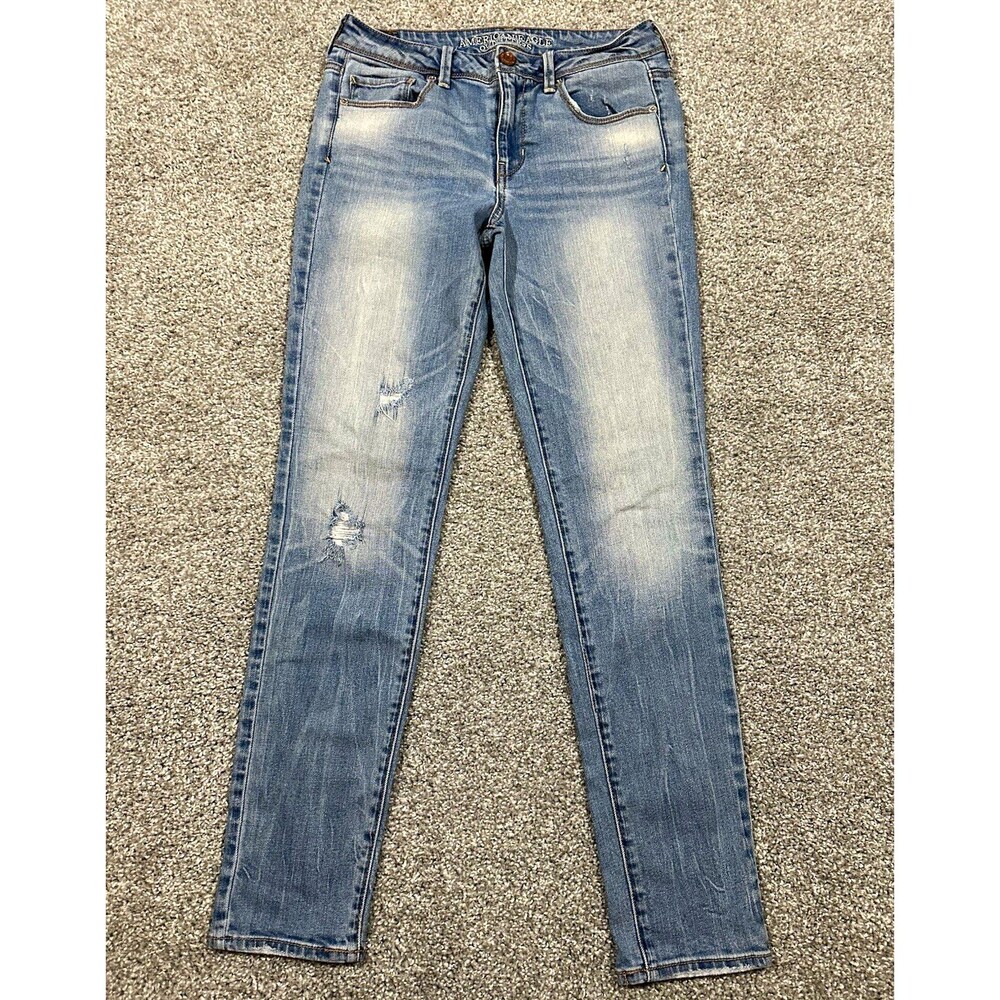 American Eagle Super Skinny Jeans Womens 8 Long Light Wash Distressed Stretch